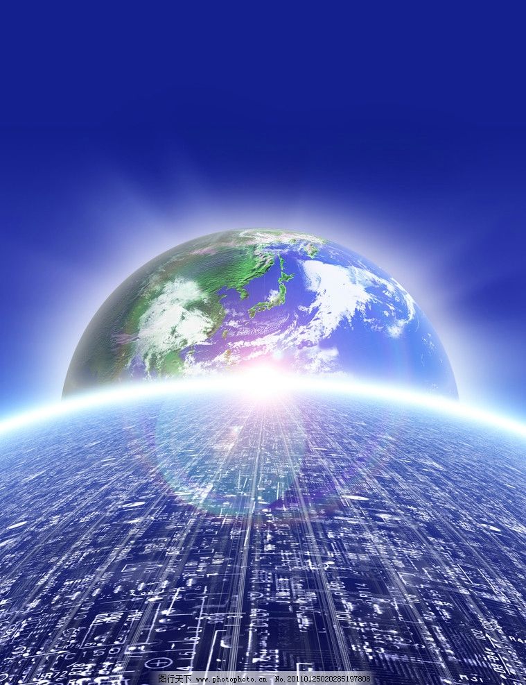 動感光線電路板地球 數字時代的科技背景圖景